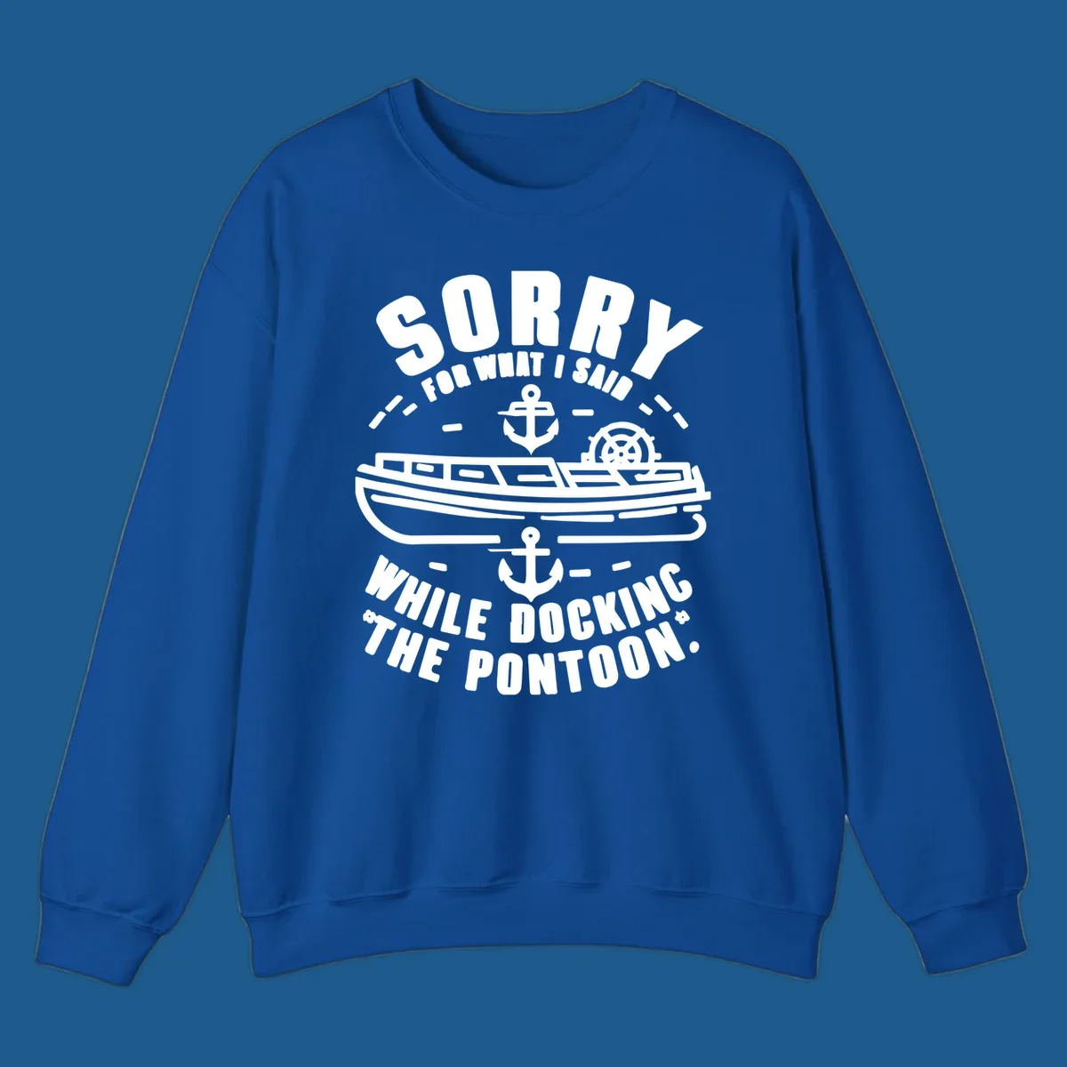 Text and illustration of a pontoon boat with anchors and a ship wheel, related to docking the pontoon.