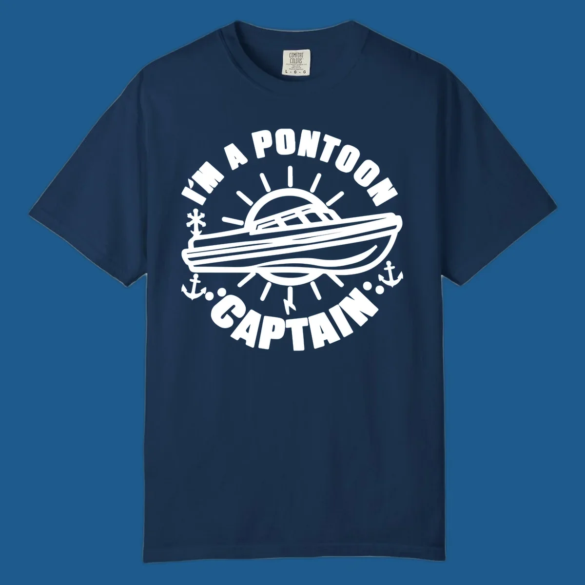 I'm a pontoon captain boat illustration with sun and anchors.