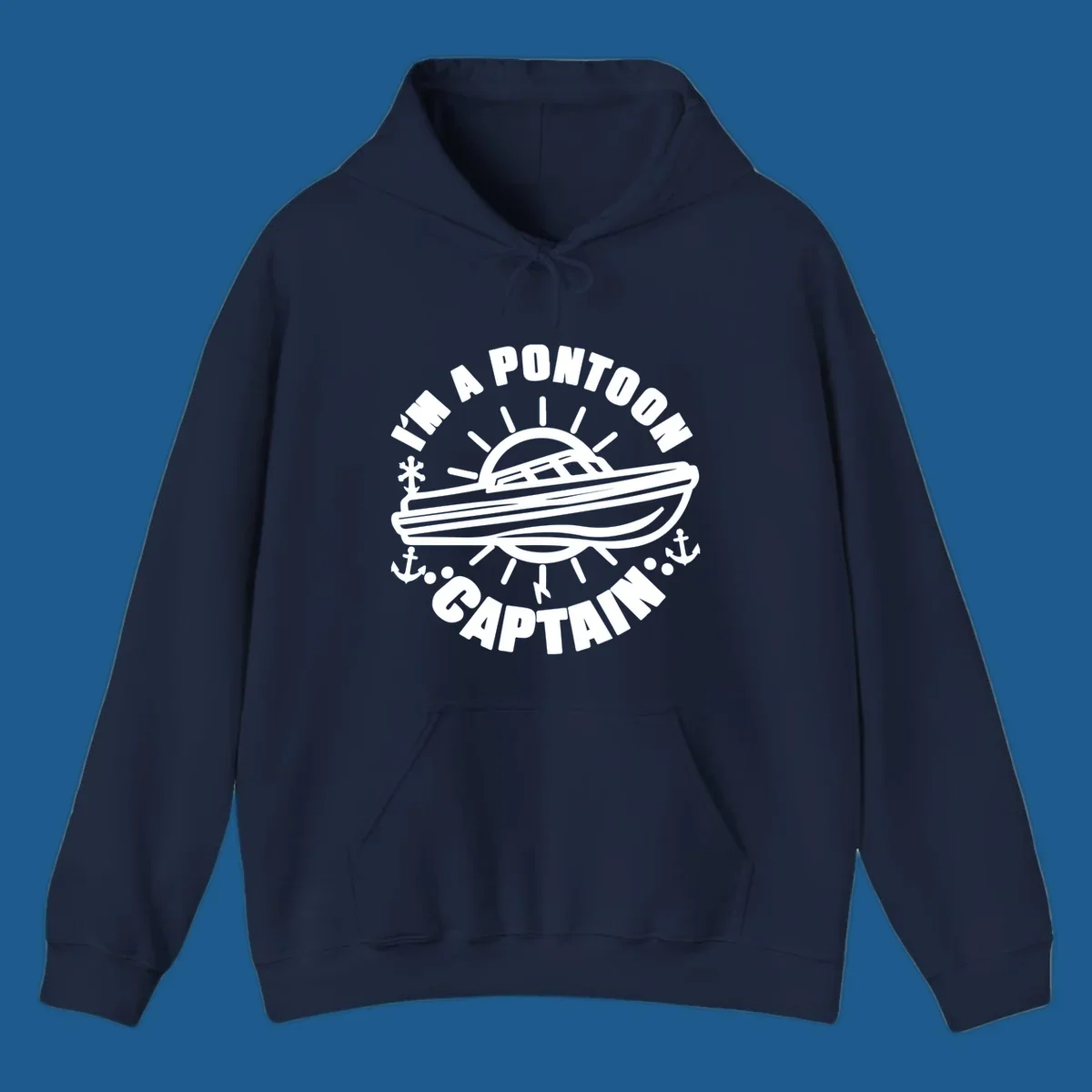 I'm a pontoon captain boat illustration with sun and anchors.