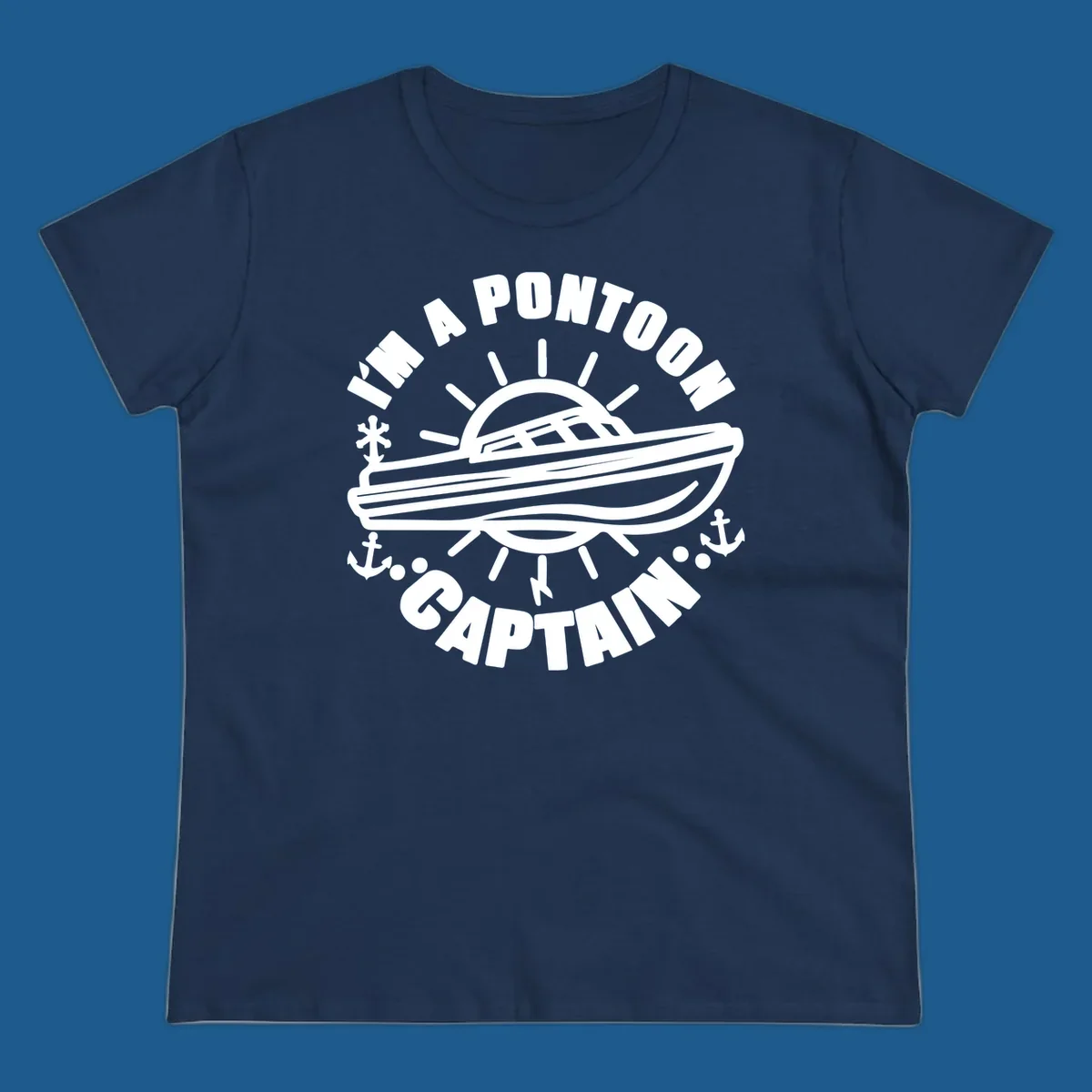I'm a pontoon captain boat illustration with sun and anchors.