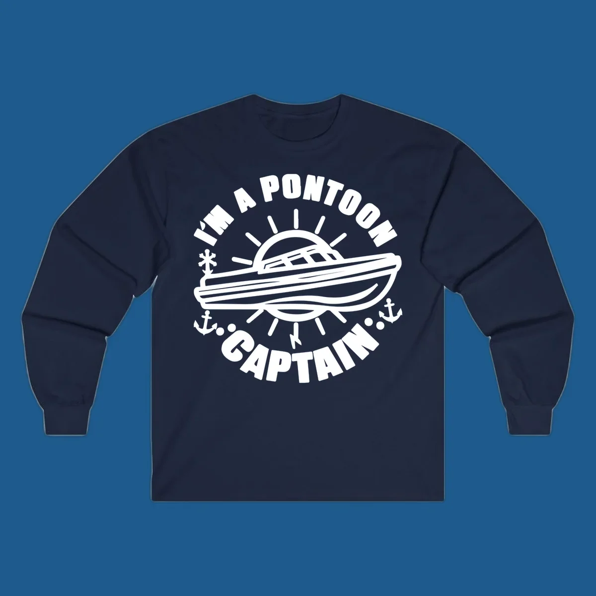 I'm a pontoon captain boat illustration with sun and anchors.