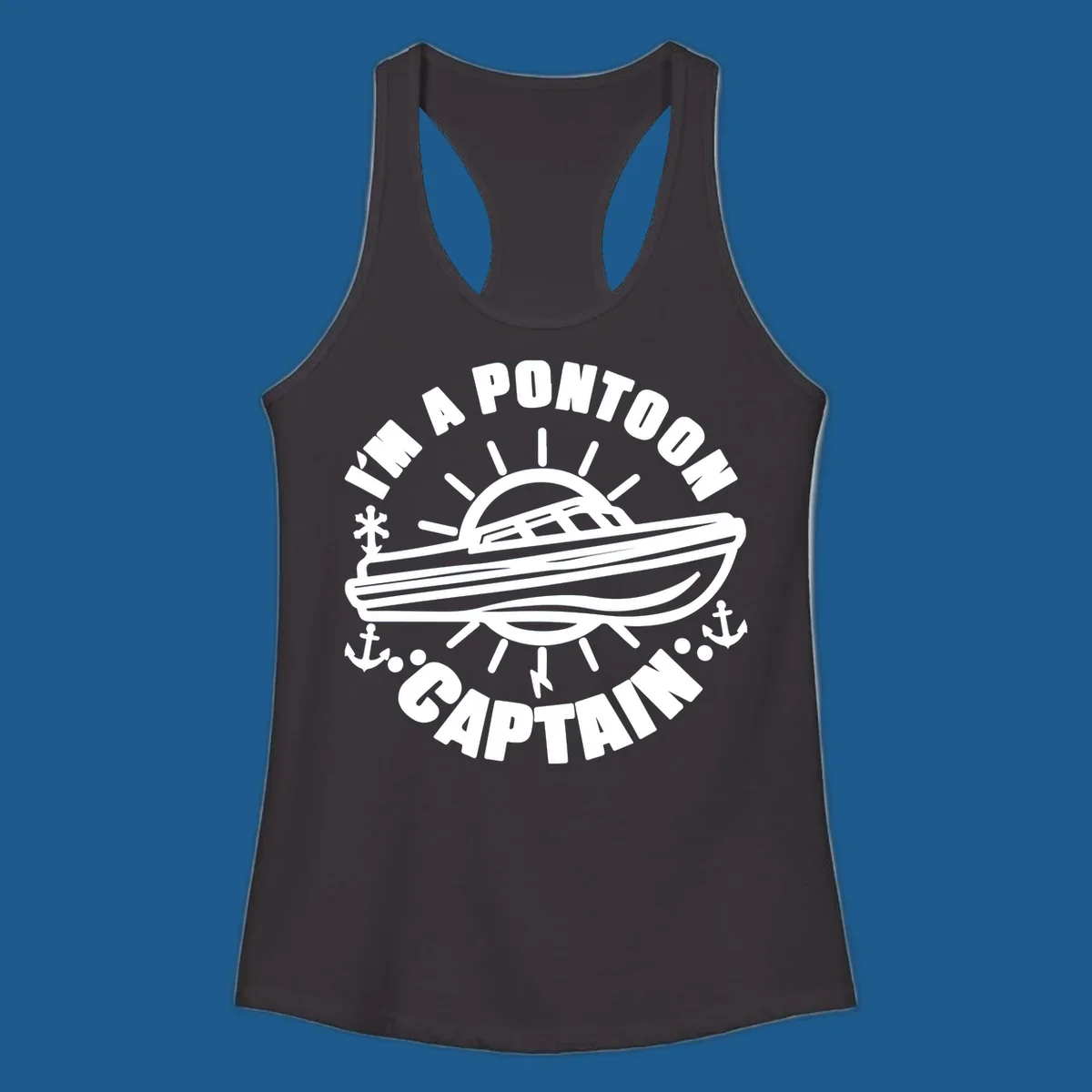 I'm a pontoon captain boat illustration with sun and anchors.
