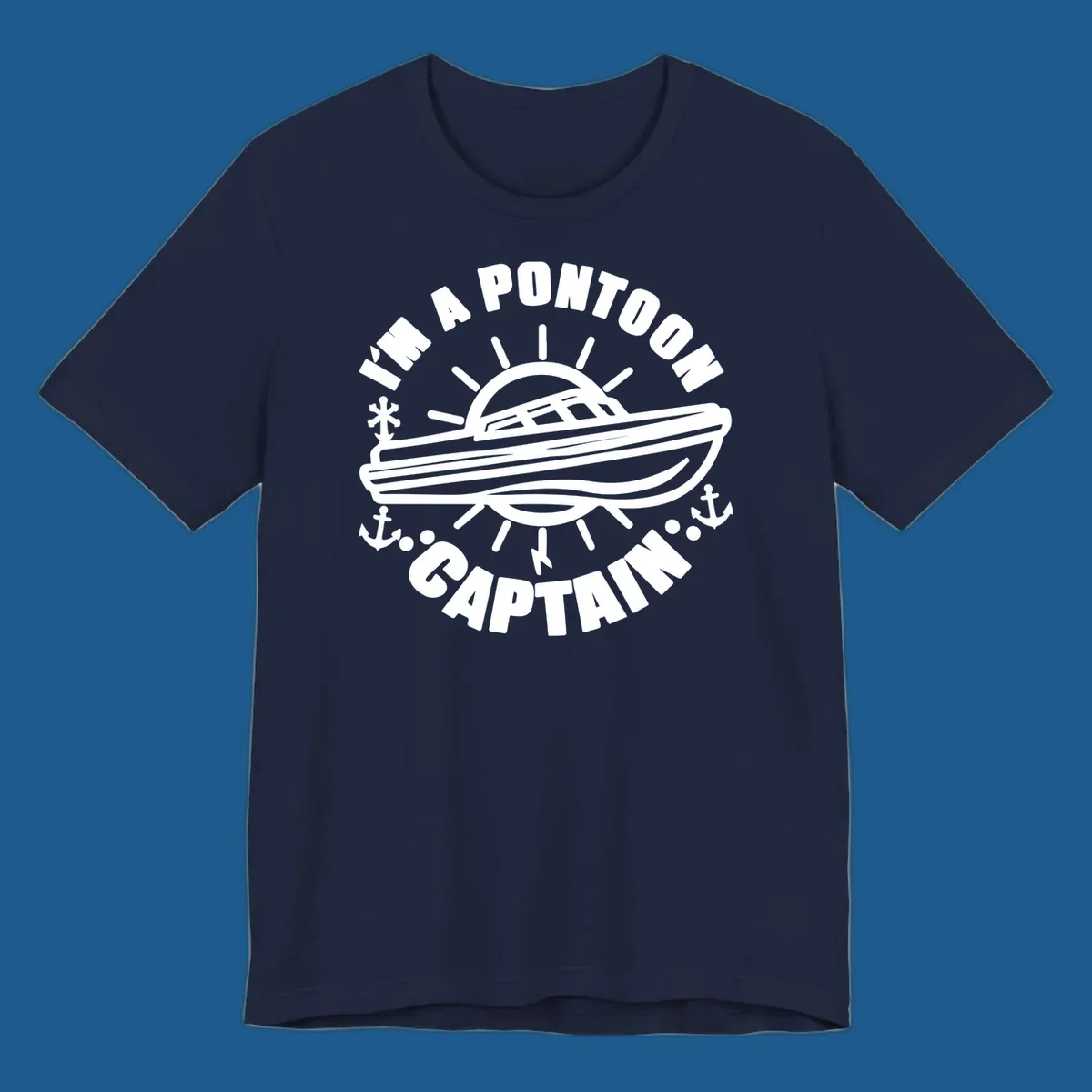 I'm a pontoon captain boat illustration with sun and anchors.