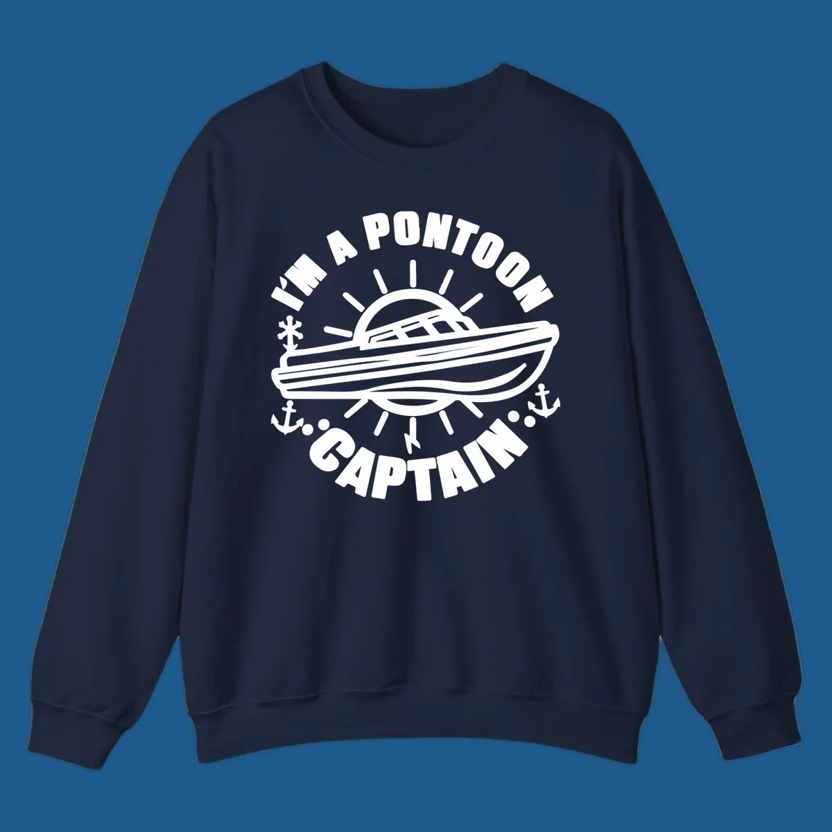I'm a pontoon captain boat illustration with sun and anchors.