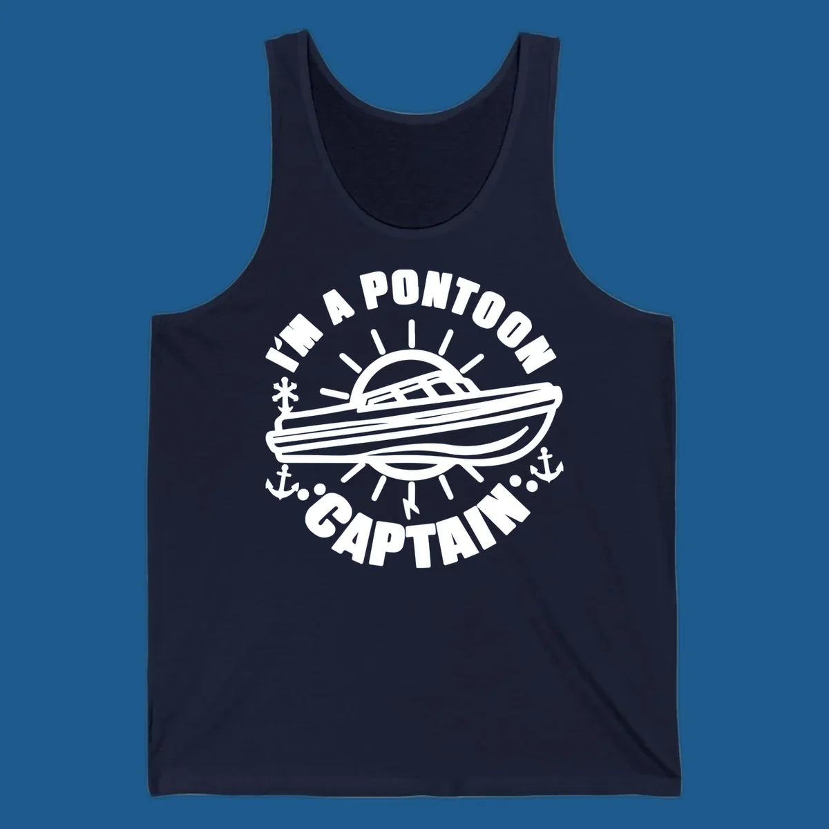I'm a pontoon captain boat illustration with sun and anchors.