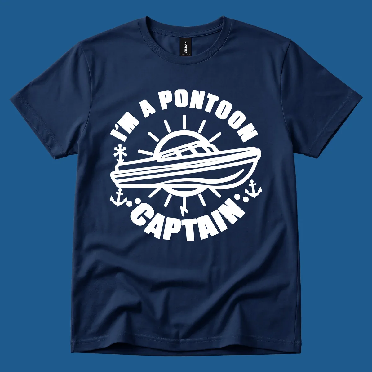 I'm a pontoon captain boat illustration with sun and anchors.