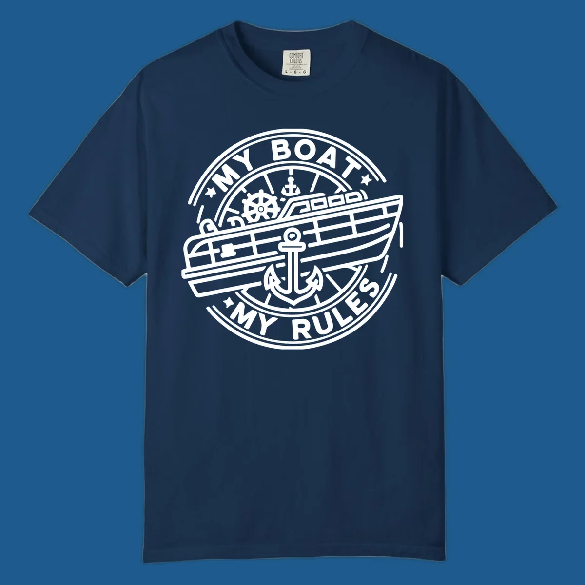 My Boat My Rules nautical badge design with boat and anchor graphic.