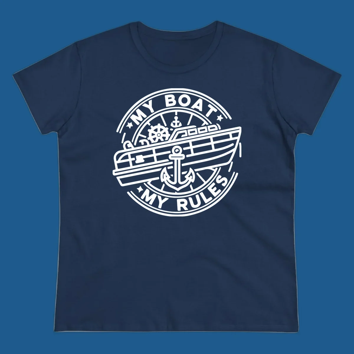My Boat My Rules nautical badge design with boat and anchor graphic.