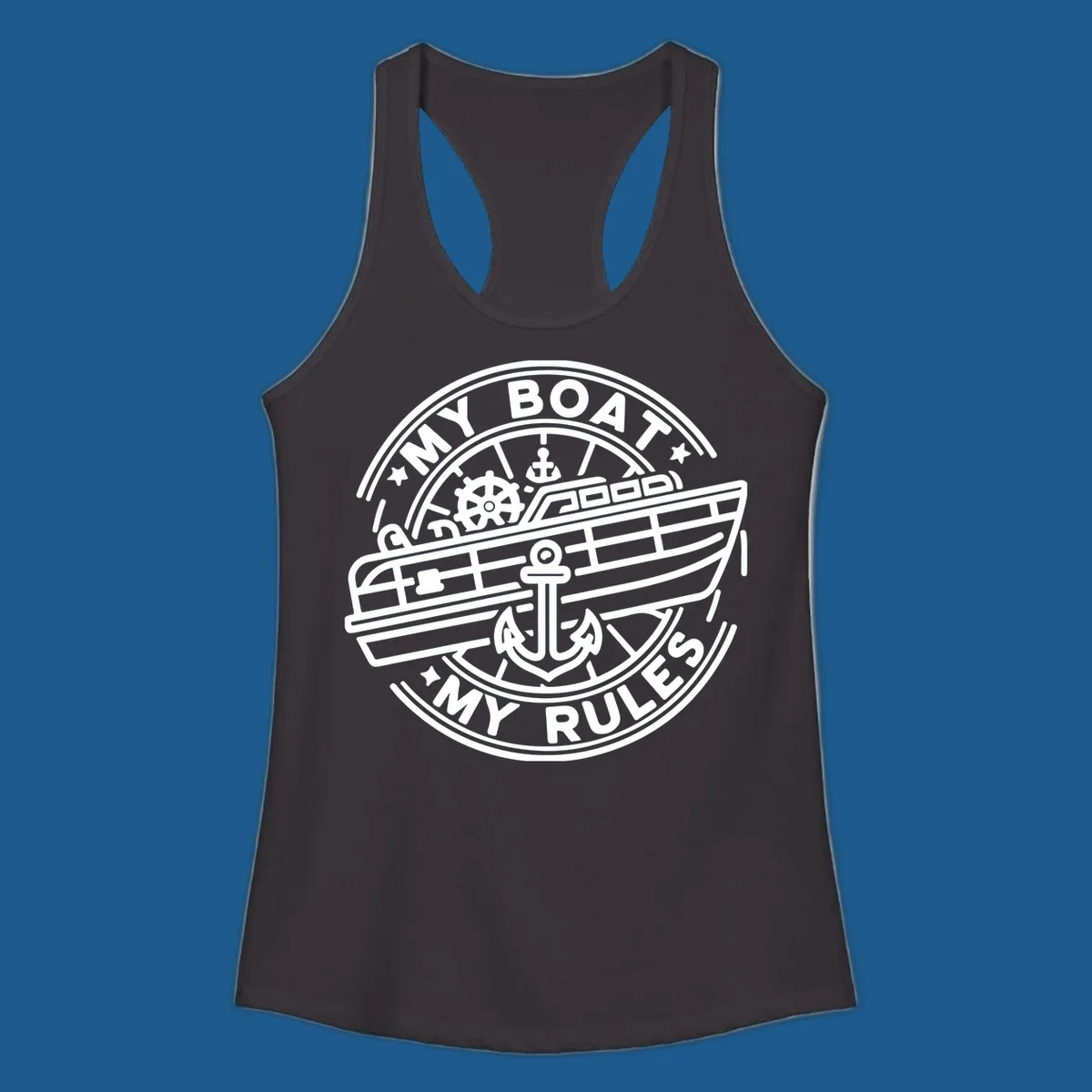 My Boat My Rules nautical badge design with boat and anchor graphic.
