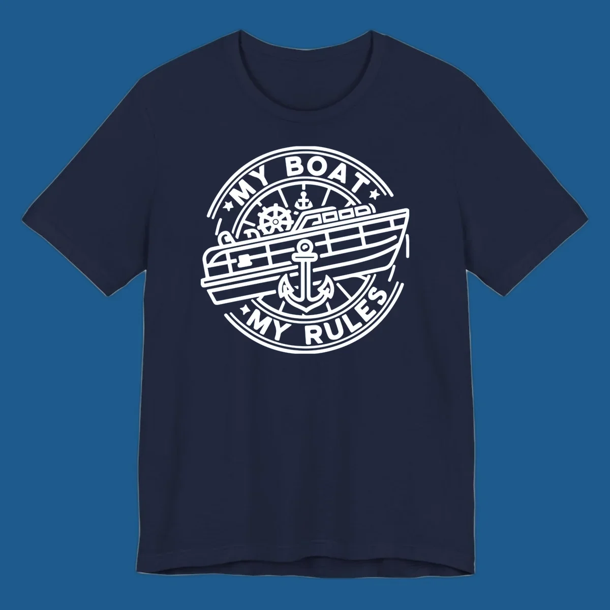 My Boat My Rules nautical badge design with boat and anchor graphic.