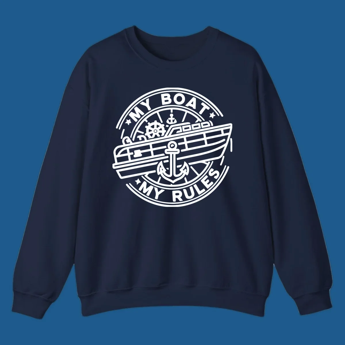 My Boat My Rules nautical badge design with boat and anchor graphic.
