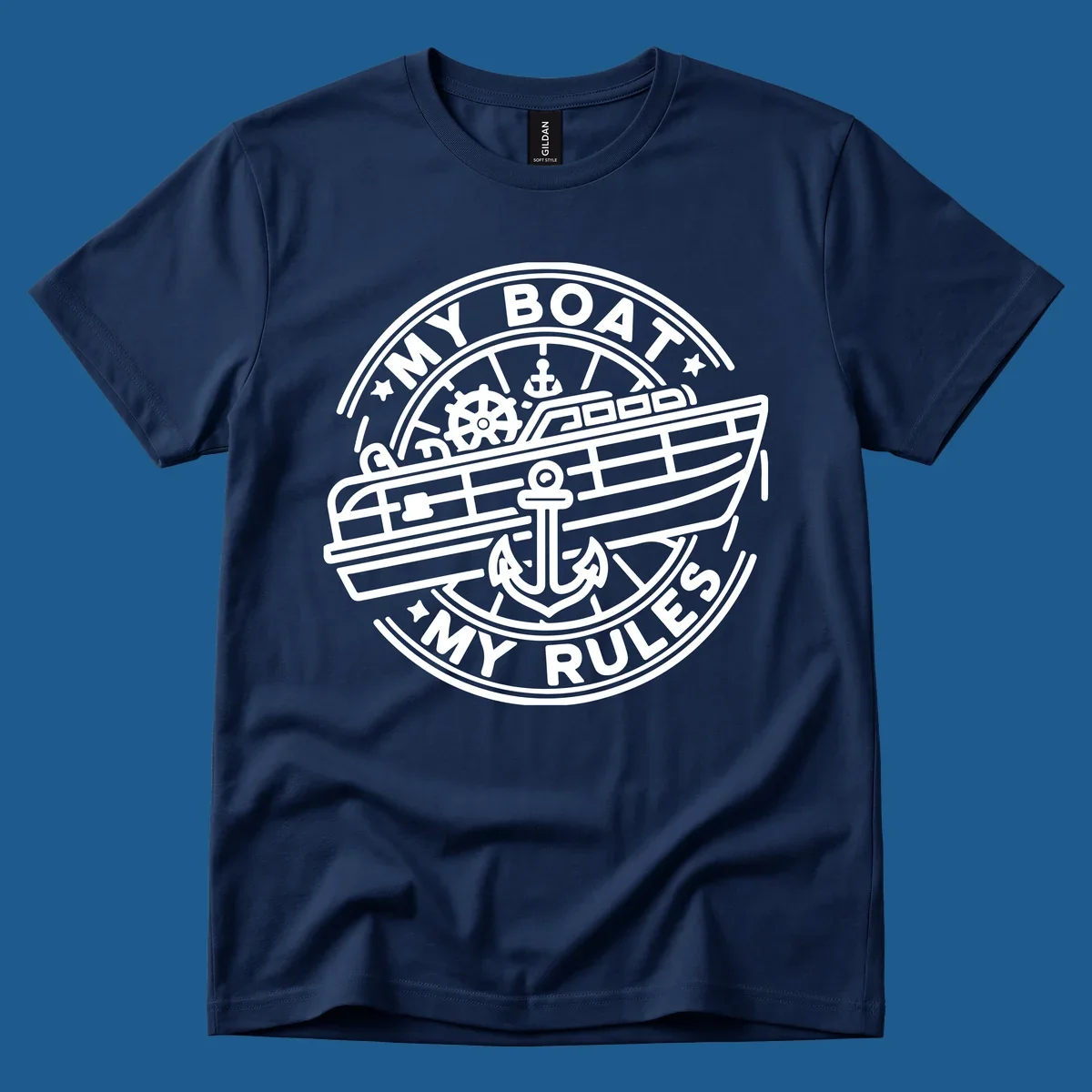 My Boat My Rules nautical badge design with boat and anchor graphic.