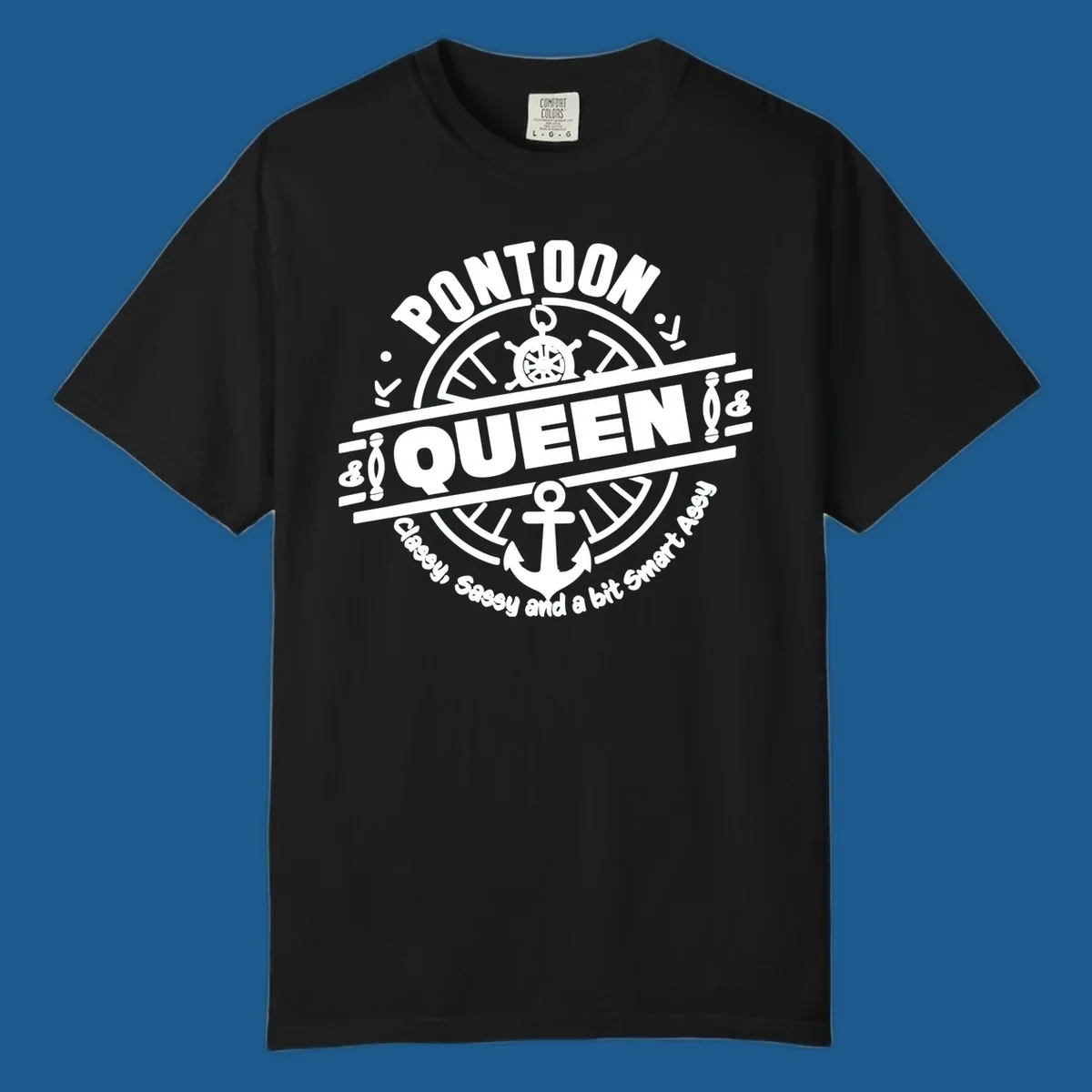Pontoon Queen nautical badge design with ship's wheel and anchor