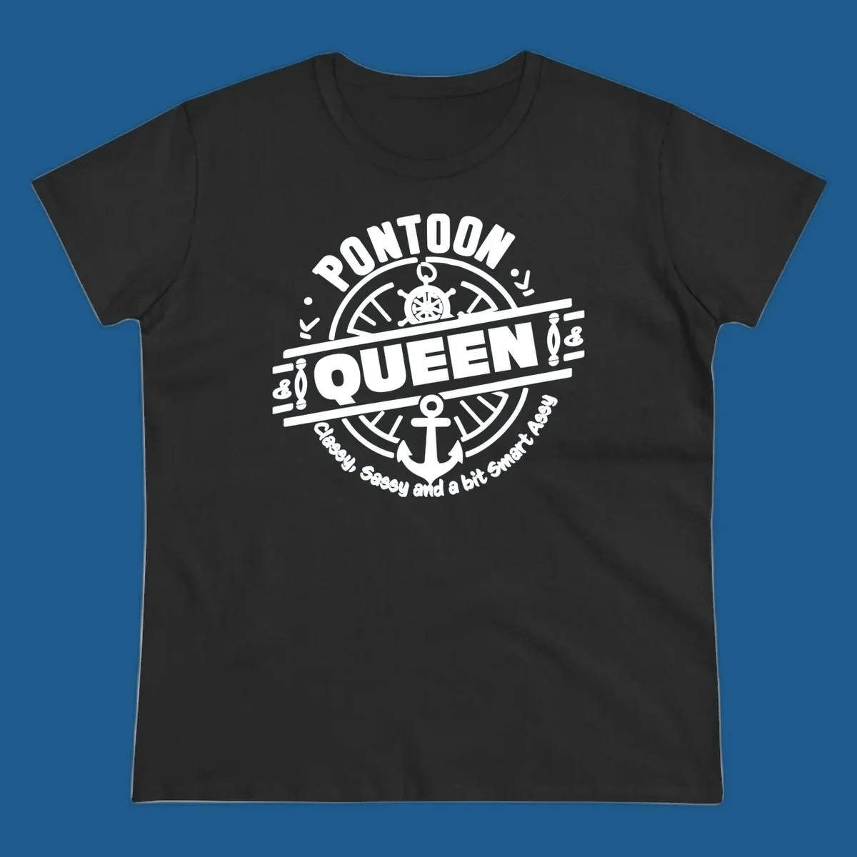 Pontoon Queen nautical badge design with ship's wheel and anchor