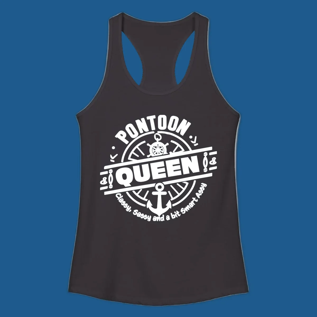 Pontoon Queen nautical badge design with ship's wheel and anchor