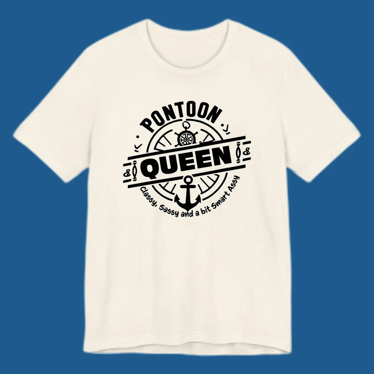 Pontoon Queen nautical badge design with ship's wheel and anchor