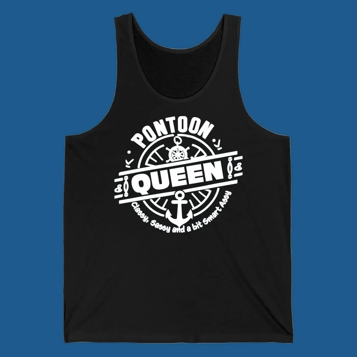 Pontoon Queen nautical badge design with ship's wheel and anchor
