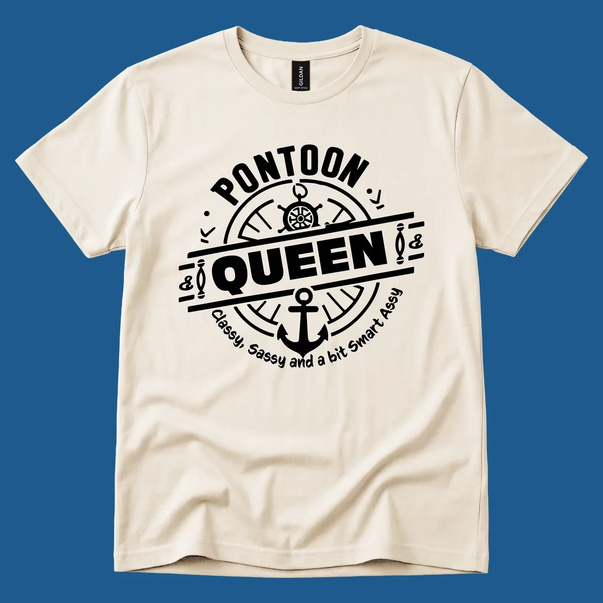 Pontoon Queen nautical badge design with ship's wheel and anchor