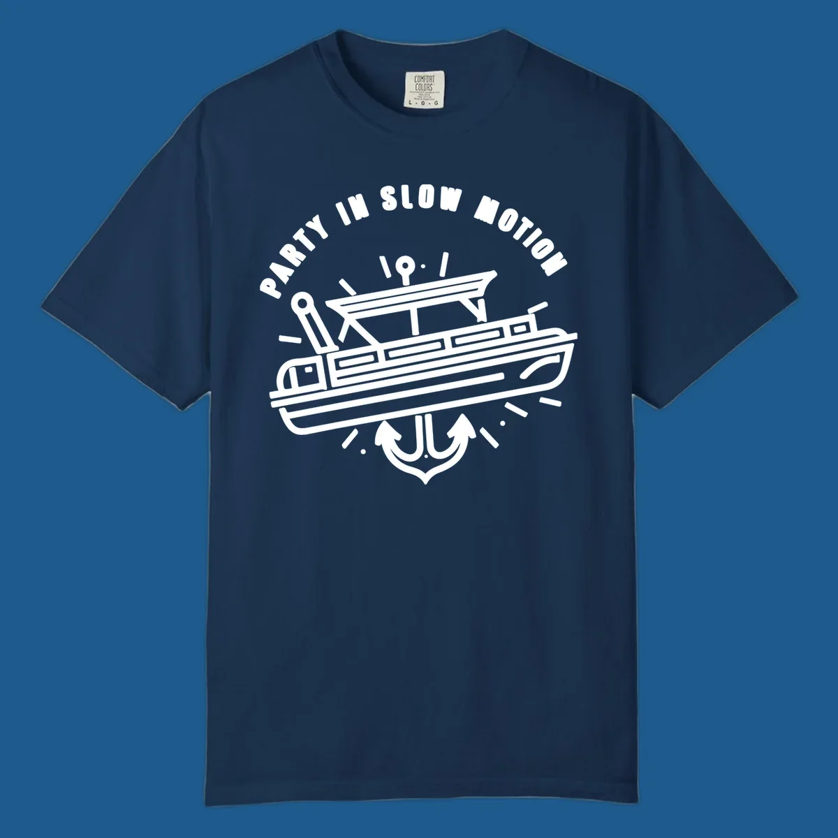 Party in slow motion pontoon boat and anchor illustration.