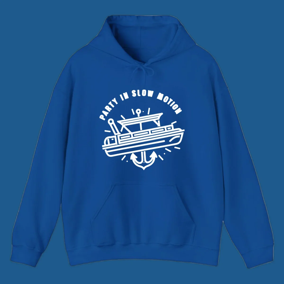 Party in slow motion pontoon boat and anchor illustration.