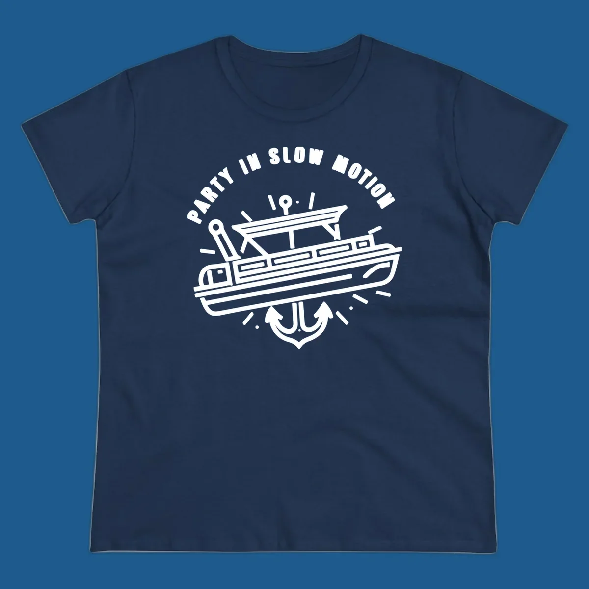 Party in slow motion pontoon boat and anchor illustration.