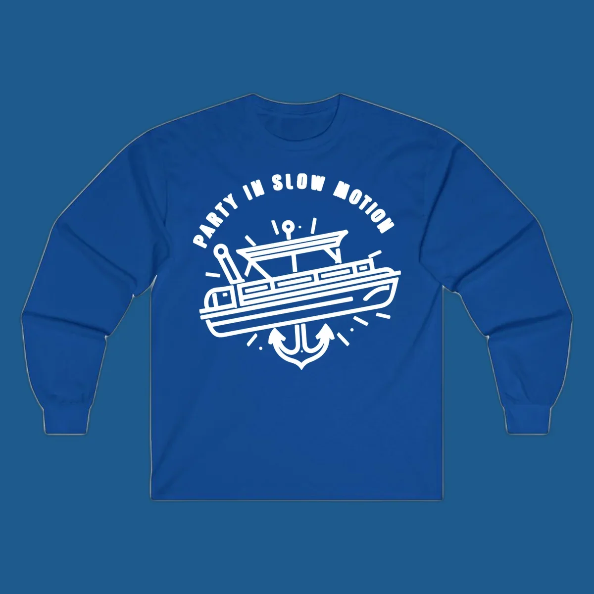 Party in slow motion pontoon boat and anchor illustration.
