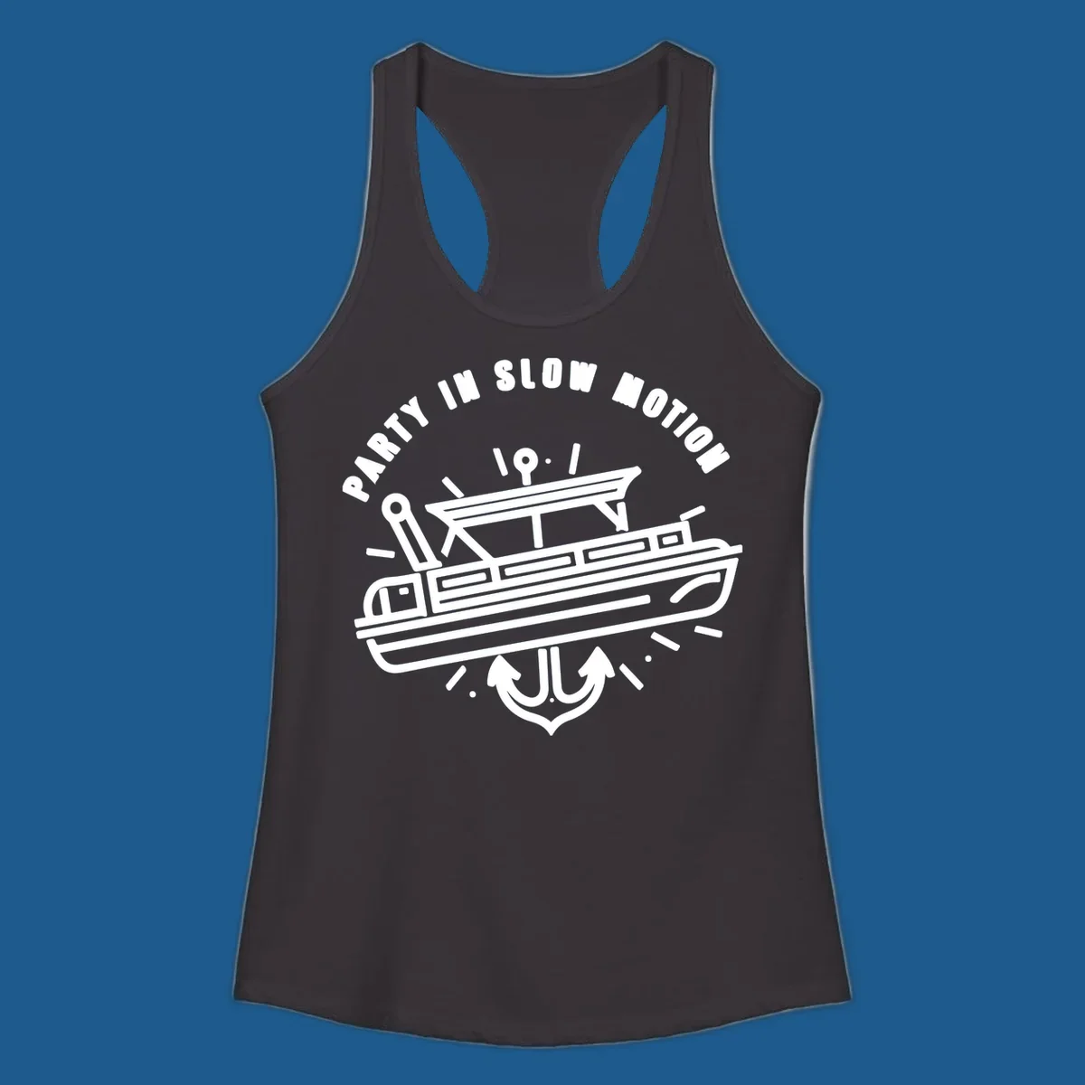 Party in slow motion pontoon boat and anchor illustration.