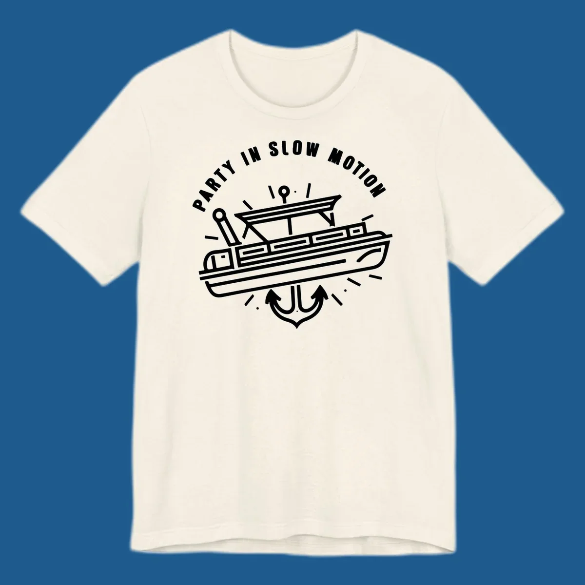 Party in slow motion pontoon boat and anchor illustration.