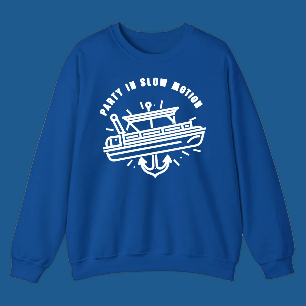 Party in slow motion pontoon boat and anchor illustration.