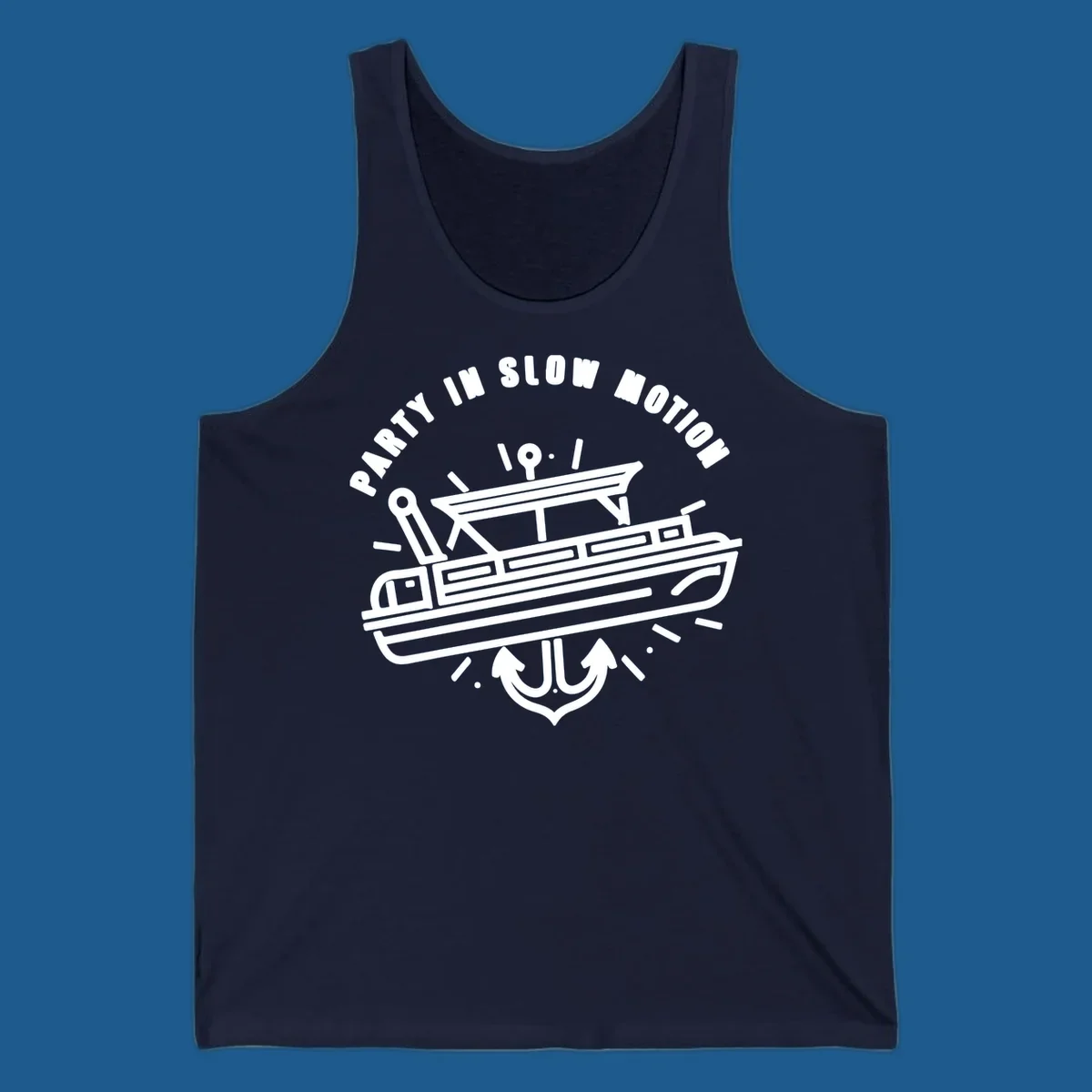 Party in slow motion pontoon boat and anchor illustration.