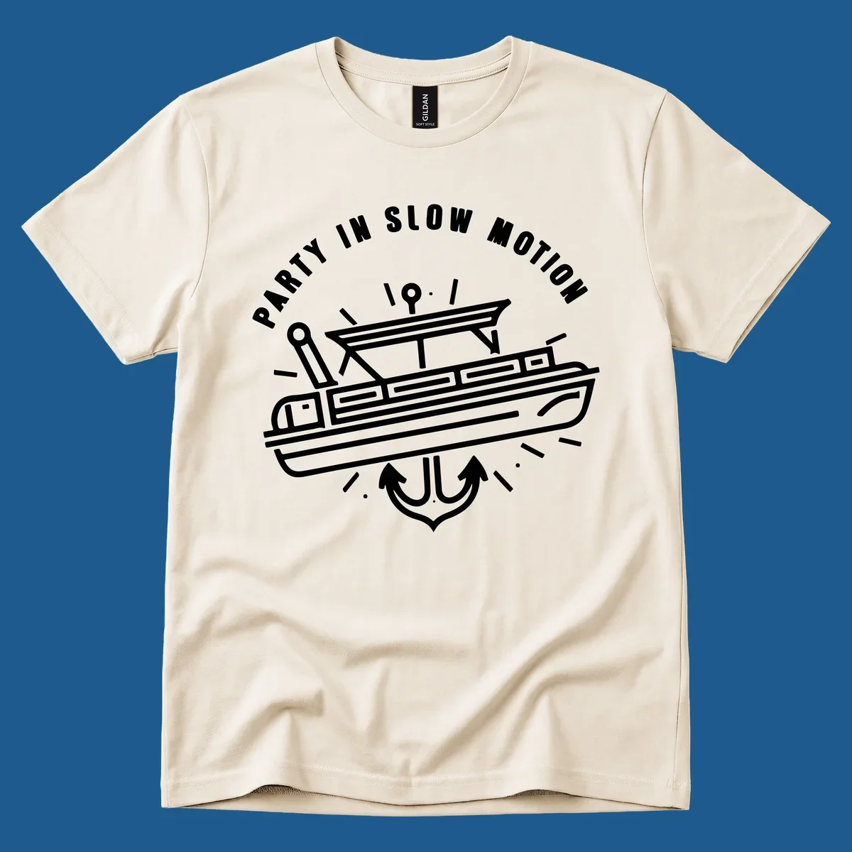 Party in slow motion pontoon boat and anchor illustration.