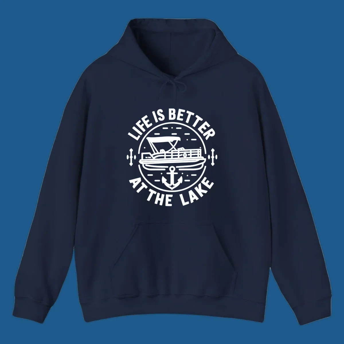 Circular design with "Life is Better At The Lake" text, pontoon boat, and anchor.