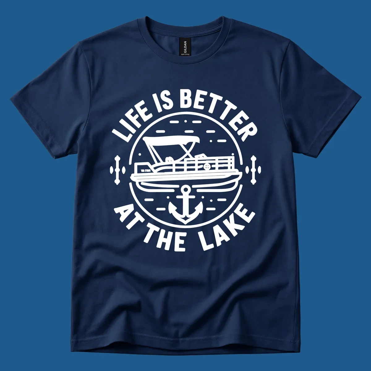 Circular design with "Life is Better At The Lake" text, pontoon boat, and anchor.