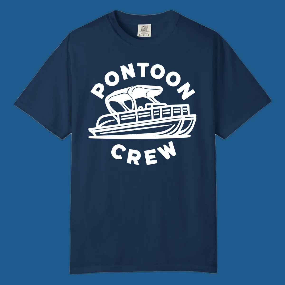 Pontoon crew design featuring a pontoon boat and fish, with text.