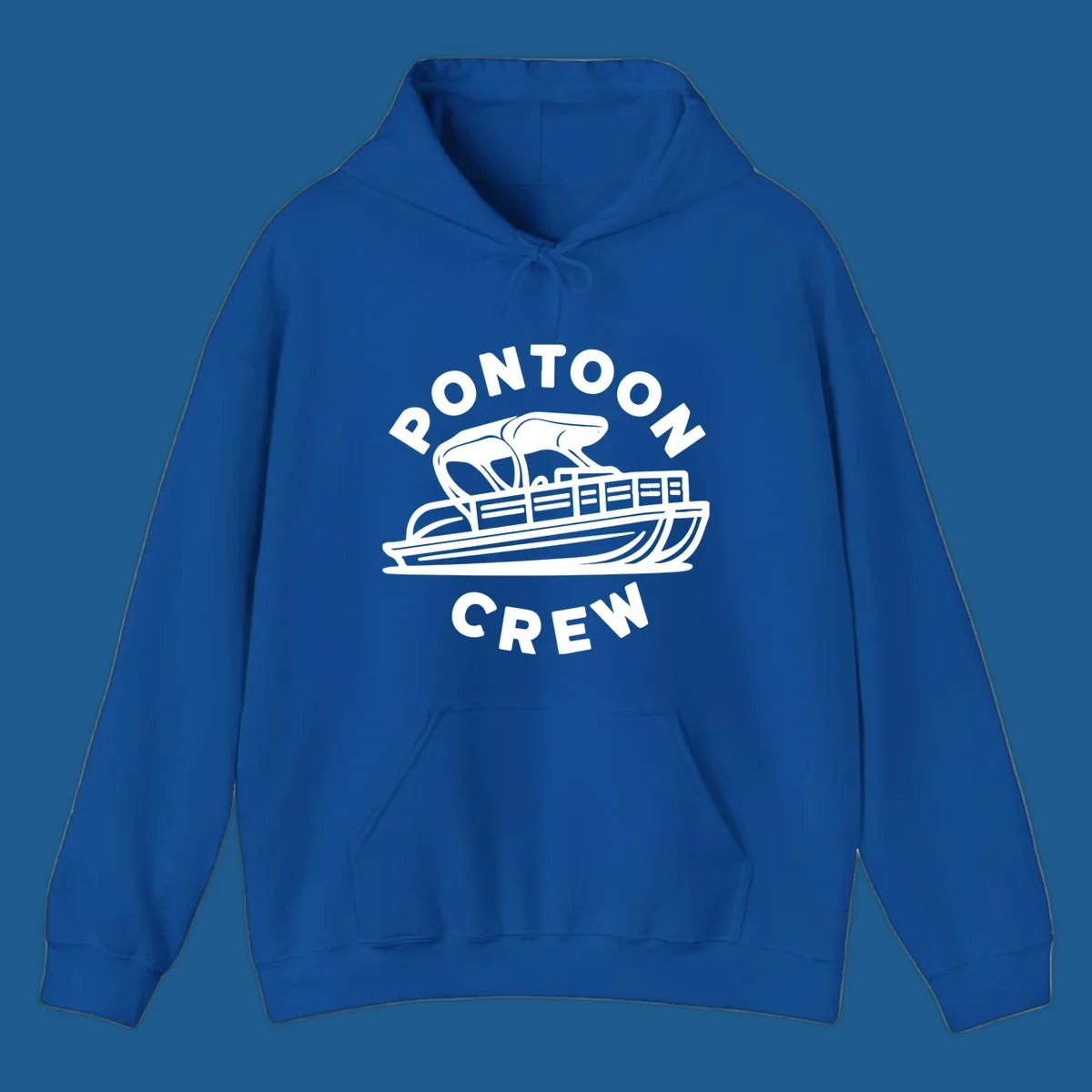 Pontoon crew design featuring a pontoon boat and fish, with text.
