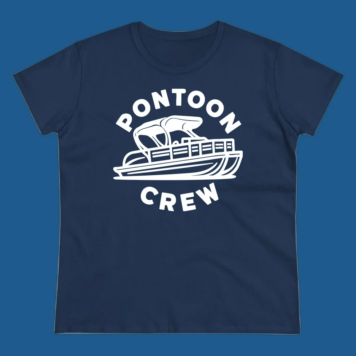 Pontoon crew design featuring a pontoon boat and fish, with text.