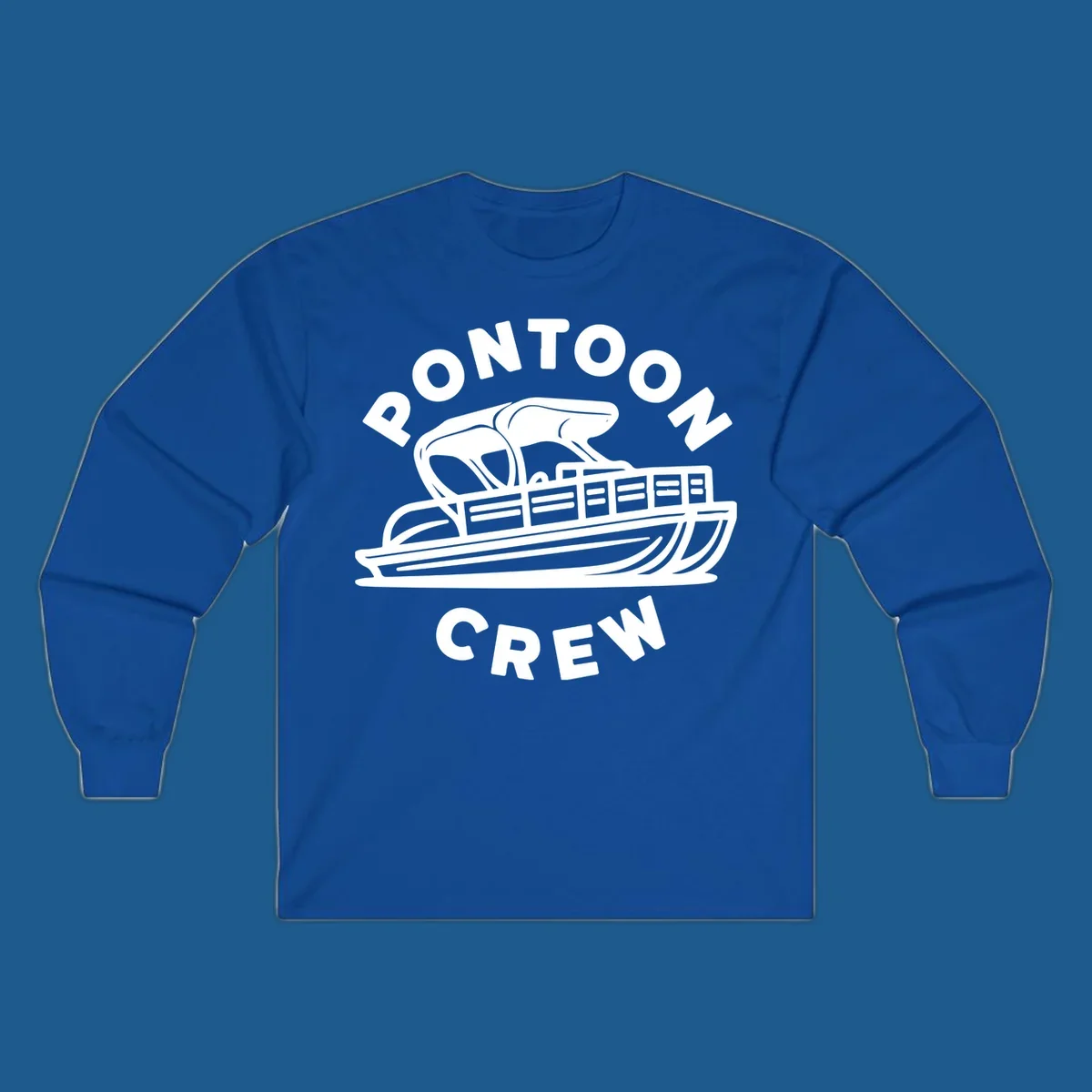 Pontoon crew design featuring a pontoon boat and fish, with text.