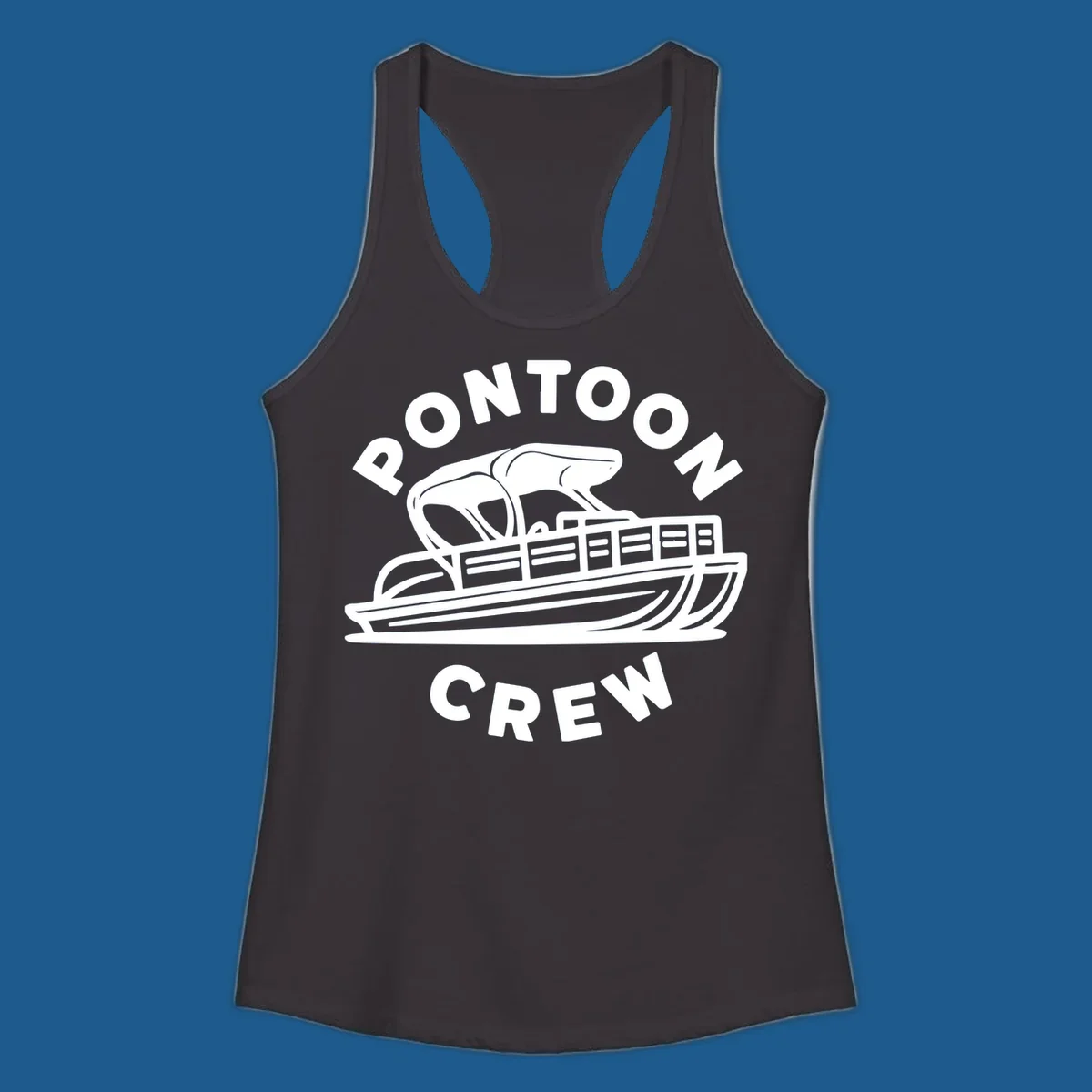 Pontoon crew design featuring a pontoon boat and fish, with text.