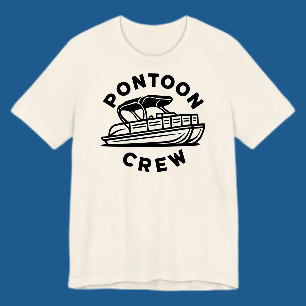 Pontoon crew design featuring a pontoon boat and fish, with text.