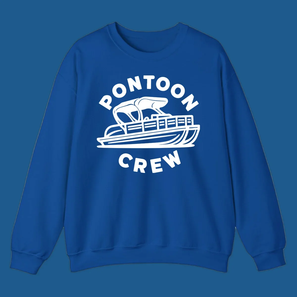 Pontoon crew design featuring a pontoon boat and fish, with text.