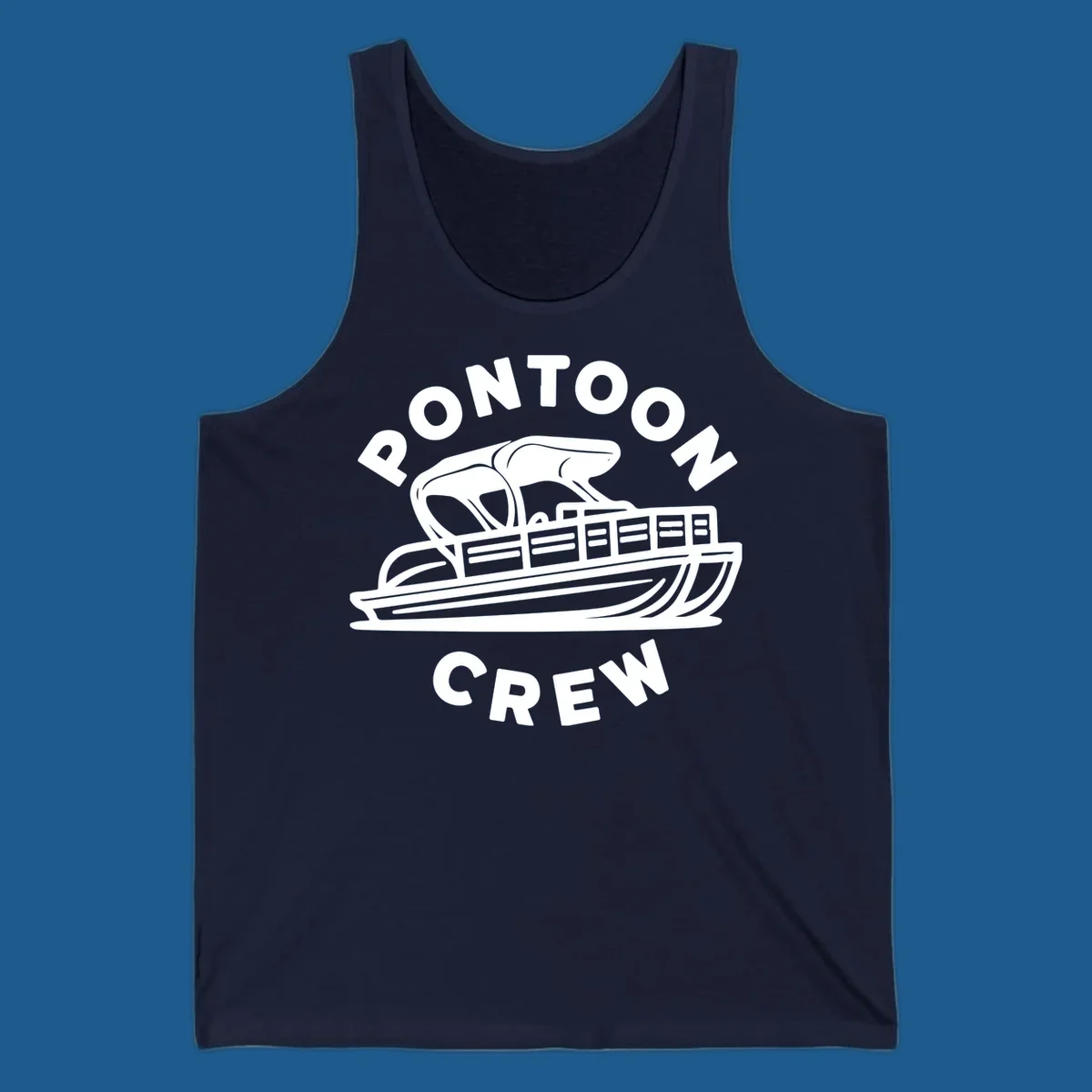 Pontoon crew design featuring a pontoon boat and fish, with text.