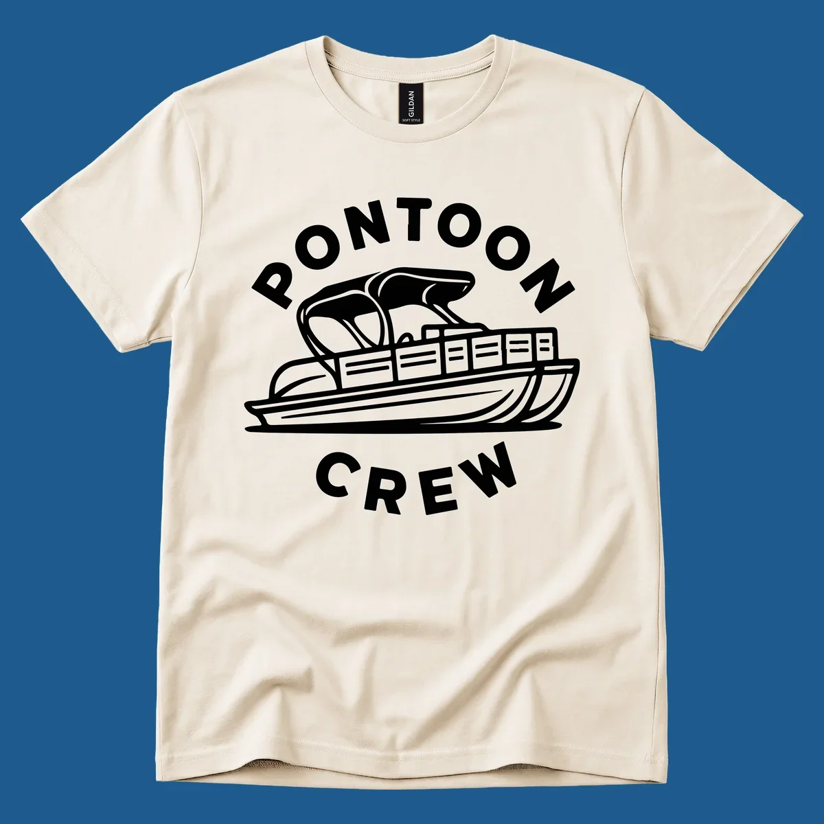 Pontoon crew design featuring a pontoon boat and fish, with text.