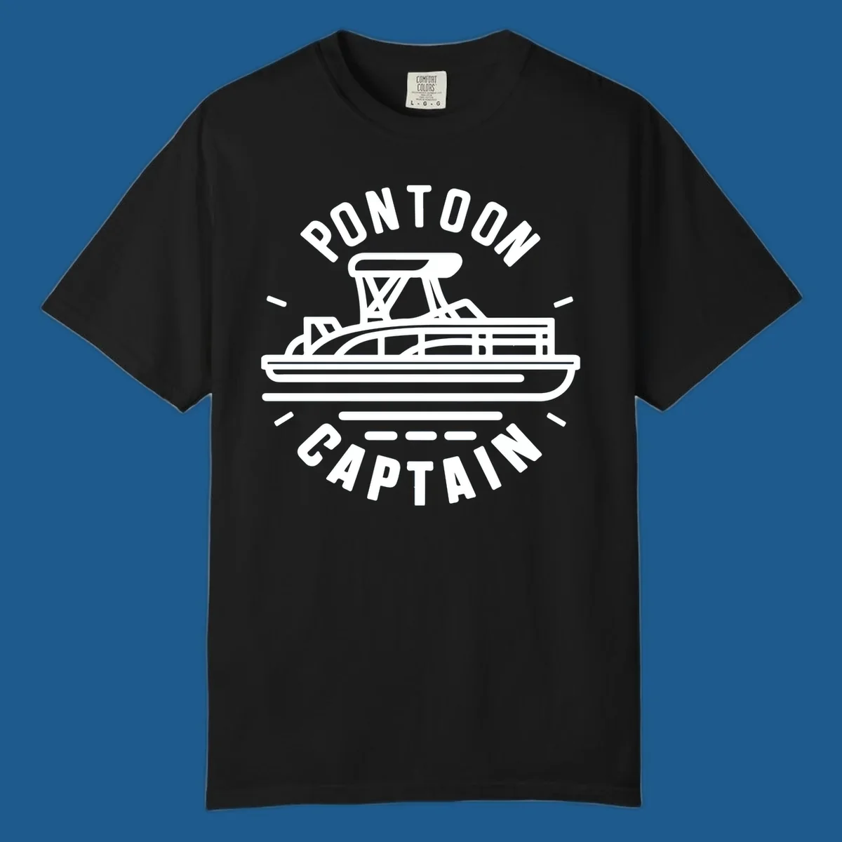 Pontoon captain boat illustration with text. White outline of a pontoon boat.