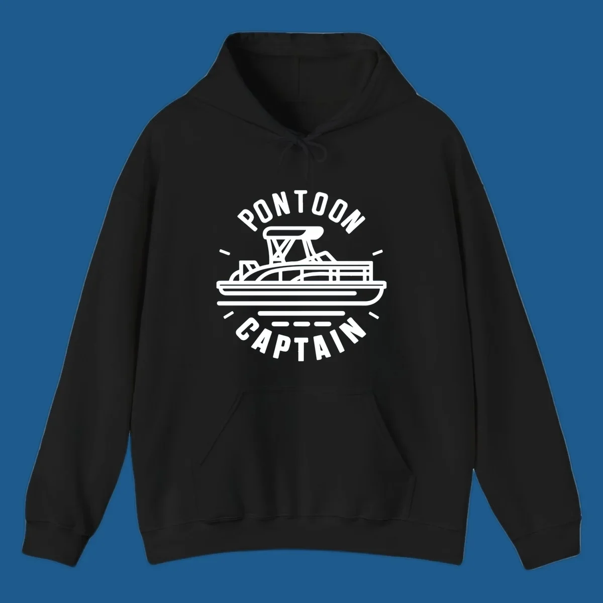 Pontoon captain boat illustration with text. White outline of a pontoon boat.