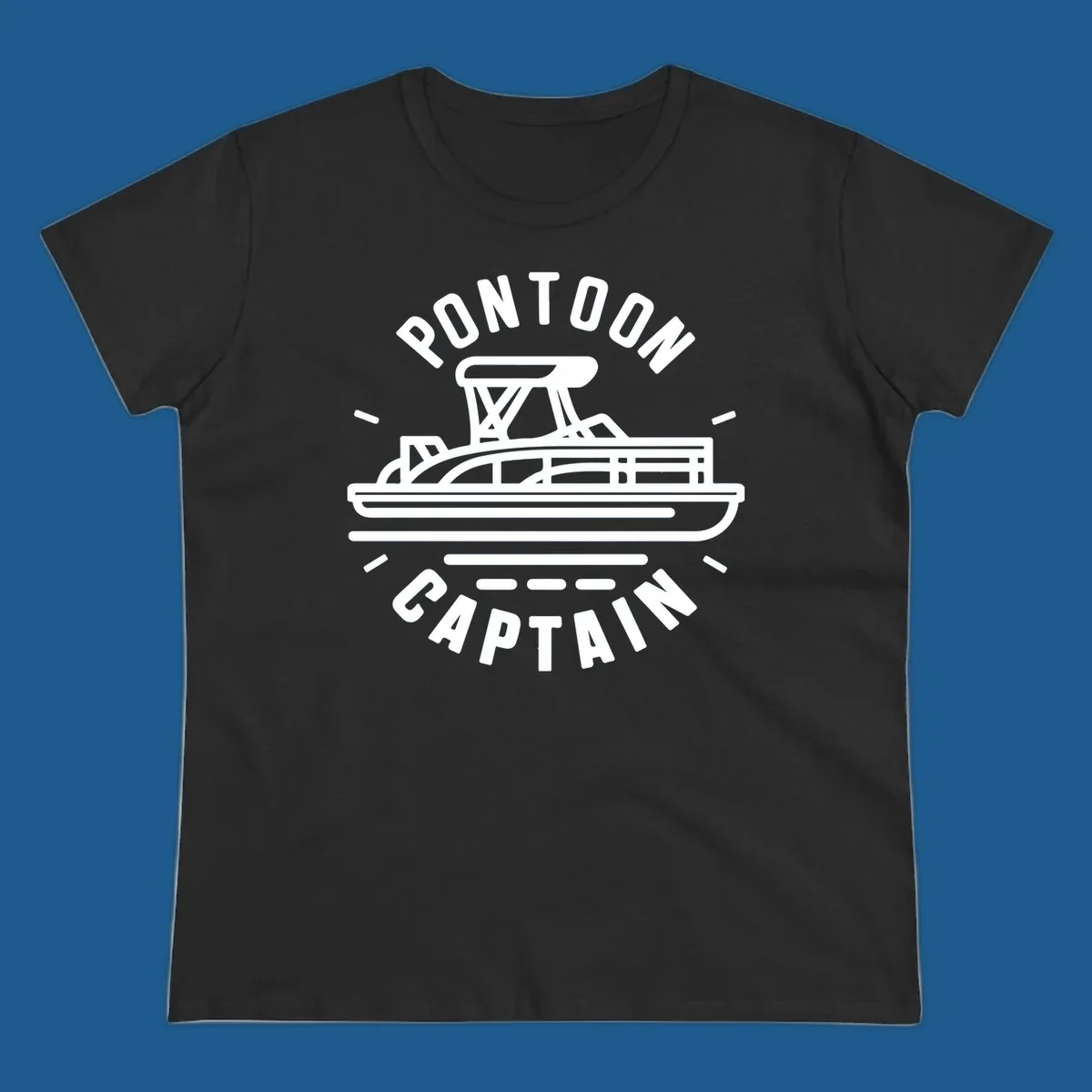 Pontoon captain boat illustration with text. White outline of a pontoon boat.