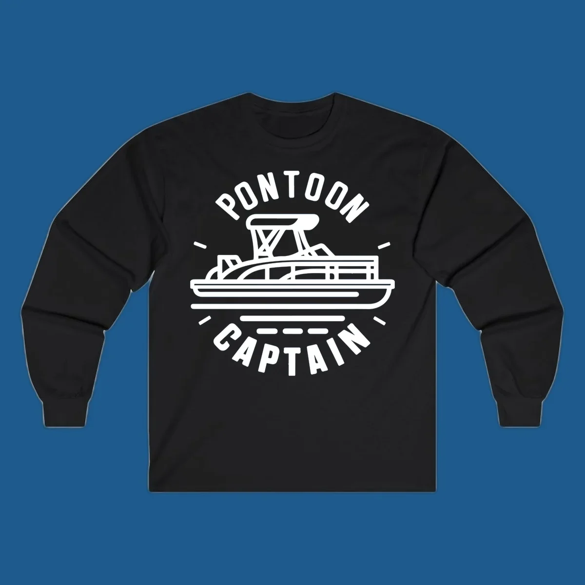 Pontoon captain boat illustration with text. White outline of a pontoon boat.