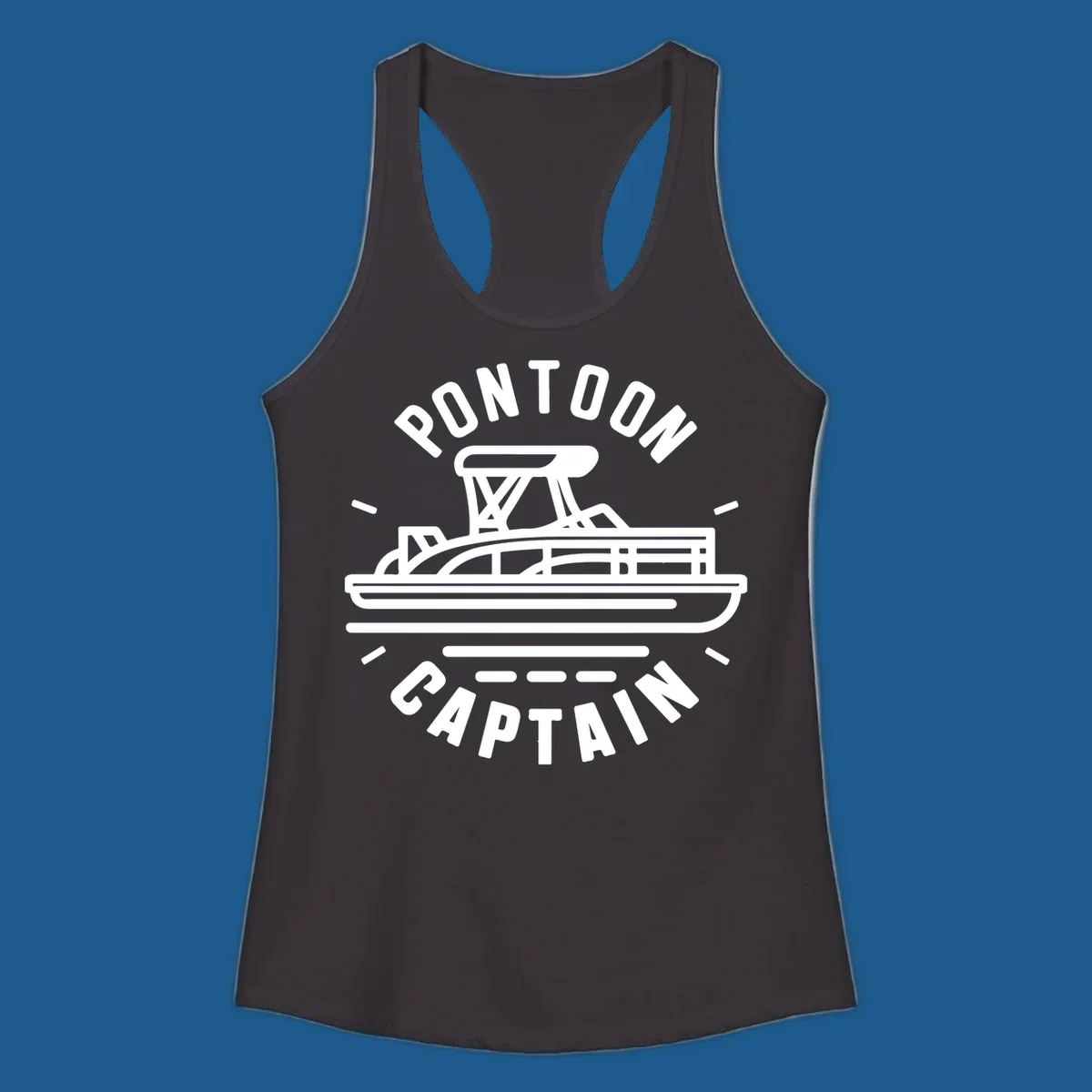 Pontoon captain boat illustration with text. White outline of a pontoon boat.