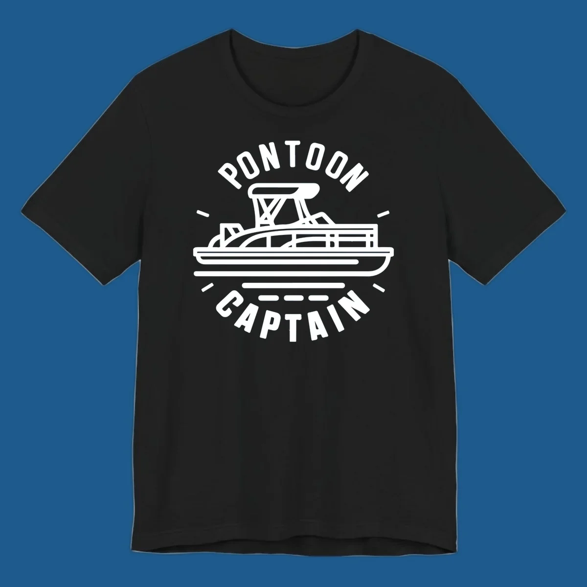 Pontoon captain boat illustration with text. White outline of a pontoon boat.