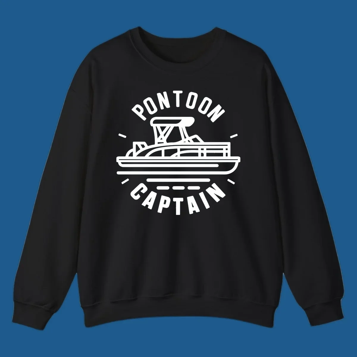 Pontoon captain boat illustration with text. White outline of a pontoon boat.