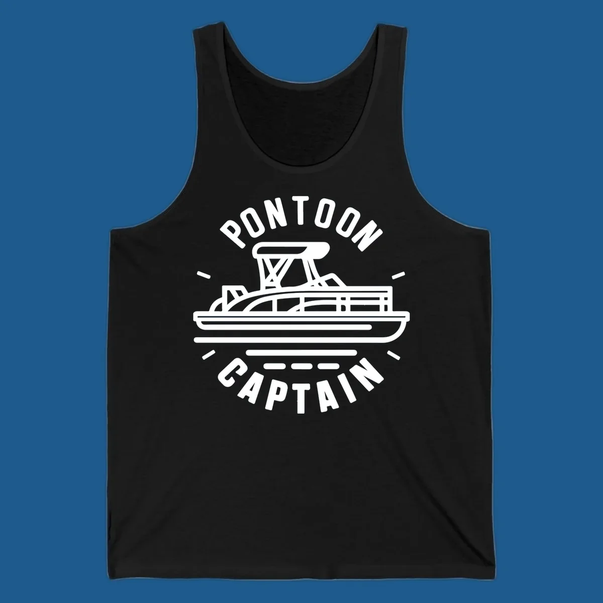 Pontoon captain boat illustration with text. White outline of a pontoon boat.